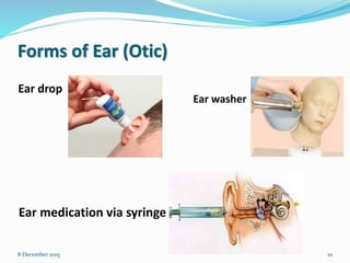 Forms of Ear (Otic)
Ear drop
8 December 2015 10
Ear medication via syringe
Ear washer
 