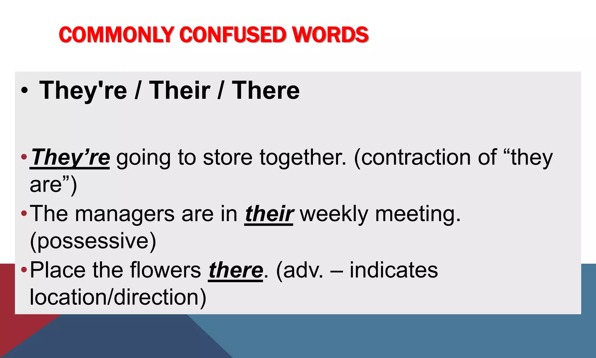 COMMONLY CONFUSED WORDS
• They're / Their / There
•They’re going to store together. (contraction of “they
are”)
•The managers are in their weekly meeting.
(possessive)
•Place the flowers there. (adv. – indicates
location/direction)
 