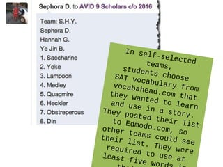 In self-selectedteams,students chooseSAT vocabulary fromvocabahead.com thatthey wanted to learnand use in a story.
They posted their listto Edmodo.com, soother teams could see
their list. They wererequired to use atleast five wor
 