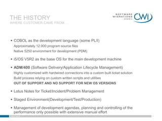 THE HISTORY
WHERE CUSTOMER CAME FROM …




 COBOL as the development language (some PL/I)
   Approximately 12.000 program source files
   Native 5250 environment for development (PDM)

 i5/OS V5R2 as the base OS for the main development machine

 ADM/400 (Software Delivery/Application Lifecycle Management)
   Highly customized with hardwired connections into a custom built ticket solution
   Build process relying on custom written scripts and utilities
   OUT OF SUPPORT AND NO SUPPORT FOR NEW OS VERSIONS

 Lotus Notes for Ticket/Incident/Problem Management

 Staged Environment(Development/Test/Production)

 Management of development agendas, planning and controlling of the
  performance only possible with extensive manual effort
www.cwi.at                                                                            4
 