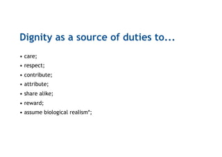 Dignity as a source of duties to...
• care;
• respect;
• contribute;
• attribute;
• share alike;
• reward;
• assume biological realism*;
 