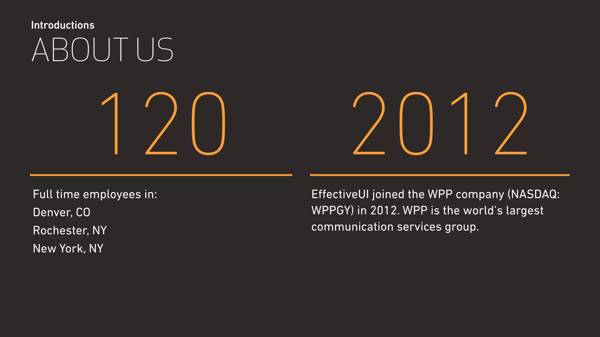 120 2012
Introductions
EﬀectiveUI joined the WPP company (NASDAQ:
WPPGY) in 2012. WPP is the world’s largest
communication services group.
ABOUT US
Full time employees in:
Denver, CO
Rochester, NY
New York, NY
 