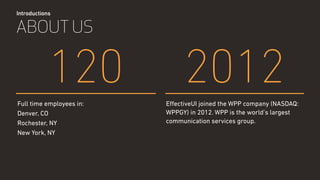 120 2012
Introductions
EﬀectiveUI joined the WPP company (NASDAQ:
WPPGY) in 2012. WPP is the world’s largest
communication services group.
ABOUT US
Full time employees in:
Denver, CO
Rochester, NY
New York, NY
 
