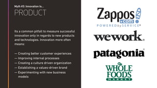 Myth #3: Innovation Is…
PRODUCT
Its a common pitfall to measure successful
innovation only in regards to new products
and technologies. Innovation more often
means:
— Creating better customer experiences
— Improving internal processes
— Creating a culture driven organization
— Establishing a values-driven brand
— Experimenting with new business
models
 