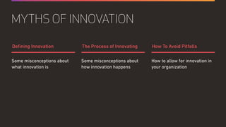 Some misconceptions about
how innovation happens
How to allow for innovation in
your organization
Some misconceptions about
what innovation is
The Process of Innovating How To Avoid PitfallsDeﬁning Innovation
MYTHS OF INNOVATION
 