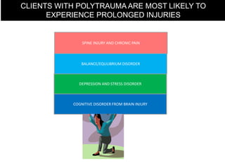 SPINE INJURY AND CHRONIC PAIN
DEPRESSION AND STRESS DISORDER
COGNITIVE DISORDER FROM BRAIN INJURY
BALANCE/EQULIBRIUM DISORDER
CLIENTS WITH POLYTRAUMA ARE MOST LIKELY TO
EXPERIENCE PROLONGED INJURIES
 