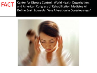 Center for Disease Control, World Health Organization,
and American Congress of Rehabilitation Medicine All
Define Brain Injury As “Any Alteration in Consciousness”
FACT
 