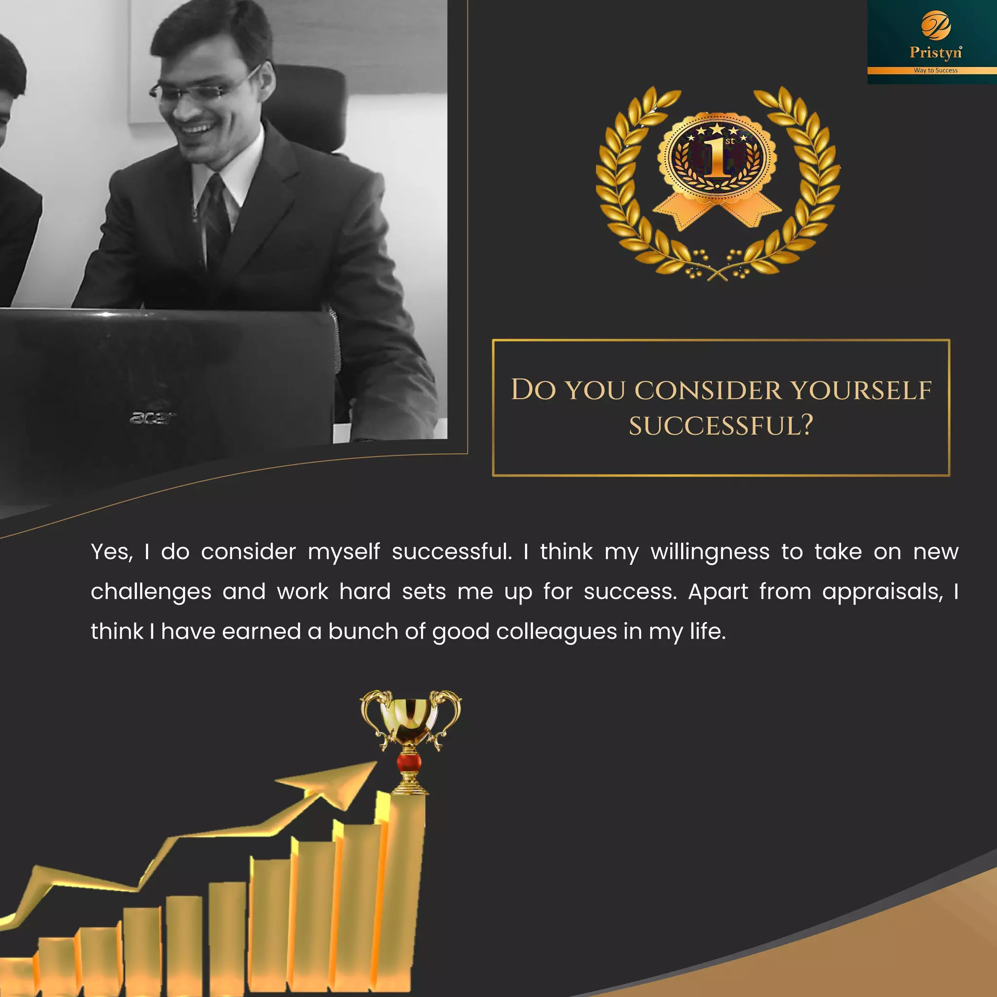 Do you consider yourself
successful?
Yes, I do consider myself successful. I think my willingness to take on new
challenges and work hard sets me up for success. Apart from appraisals, I
think I have earned a bunch of good colleagues in my life.
 