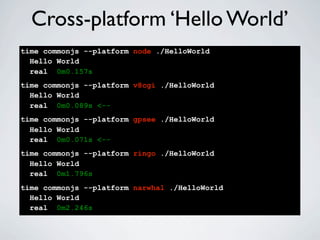 Cross-platform ‘Hello World’
time commonjs --platform node ./HelloWorld
  Hello World
  real 0m0.157s
time commonjs --platform v8cgi ./HelloWorld
  Hello World
  real 0m0.089s <--
time commonjs --platform gpsee ./HelloWorld
  Hello World
  real 0m0.071s <--
time commonjs --platform ringo ./HelloWorld
  Hello World
  real 0m1.796s
time commonjs --platform narwhal ./HelloWorld
  Hello World
  real 0m2.246s
 