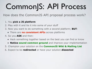 CommonJS: API Process
How does the CommonJS API proposal process work?

 1. You pick a JS platform
 2. Play with it and tie it into some of your stuff
 3. Now you want to do something with a second platform; BUT:
   • There are no consistent APIs across platforms
 4. So you ASK and then:
   • Hack something together based on the best you can find or know
   • Notice sound common ground and improve your implementation
 5. Champion your solution on the CommonJS Wiki & Mailing List
 6. Expect to be redirected or have your solution dissected
 