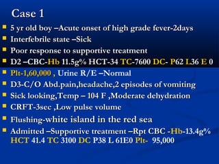 Case 1Case 1
 5 yr old boy –Acute onset of high grade fever-2days5 yr old boy –Acute onset of high grade fever-2days
 Interfebrile state –SickInterfebrile state –Sick
 Poor response to supportive treatmentPoor response to supportive treatment
 D2 –CBC-D2 –CBC-HbHb 11.5g% HCT-3411.5g% HCT-34 TCTC-7600-7600 DCDC-- PP6262 LL3636 EE 00
 Plt-1,60,000 ,Plt-1,60,000 , Urine R/E –Normal
 D3-C/O Abd.pain,headache,2 episodes of vomitingD3-C/O Abd.pain,headache,2 episodes of vomiting
 Sick looking,Temp – 104 F ,Moderate dehydrationSick looking,Temp – 104 F ,Moderate dehydration
 CRFT-3sec ,Low pulse volumeCRFT-3sec ,Low pulse volume
 Flushing-Flushing-white island in the red seawhite island in the red sea
 Admitted –Supportive treatment –Rpt CBC -Admitted –Supportive treatment –Rpt CBC -Hb-13.4g%
HCT 41.4 TC 3100 DC P38 L 61E0 Plt- 95,000
 