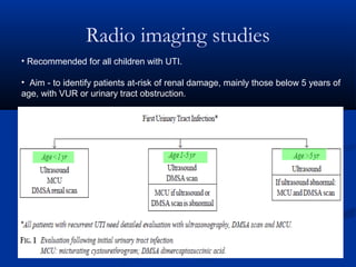 Radio imaging studies
• Recommended for all children with UTI.
• Aim - to identify patients at-risk of renal damage, mainly those below 5 years of
age, with VUR or urinary tract obstruction.
 