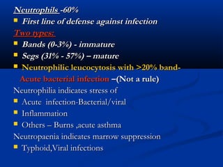 NeutrophilsNeutrophils -60%-60%
 First line of defense against infectionFirst line of defense against infection
Two types:Two types:
 Bands (0-3%) - immatureBands (0-3%) - immature
 Segs (31% - 57%) – matureSegs (31% - 57%) – mature
 Neutrophilic leucocytosis with >20% band-Neutrophilic leucocytosis with >20% band-
Acute bacterial infectionAcute bacterial infection –(Not a rule)–(Not a rule)
Neutrophilia indicates stress ofNeutrophilia indicates stress of
 Acute infection-Bacterial/viralAcute infection-Bacterial/viral
 InflammationInflammation
 Others – Burns ,acute asthmaOthers – Burns ,acute asthma
Neutropaenia indicates marrow suppressionNeutropaenia indicates marrow suppression
 Typhoid,Viral infectionsTyphoid,Viral infections
 