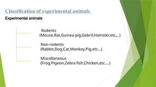 Classification of experimental animals
Experimental animals
Rodents
(Mouse,Rat,Guinea pig,Gebril,Hamster,etc„..)
Non-rodents
(Rabbit,Dog,Cat,Monkey,Pig,etc...)
Miscellaneous
(Frog,Pigeon,Zebra fish,Chicken,etc....)
 
