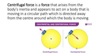Centrifugal force is a force that arises from the
body's inertia and appears to act on a body that is
moving in a circular path which is directed away
from the centre around which the body is moving
 