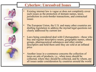 Cyberlaw: Unresolved Issues
•

Existing internet law is vague or does not completely cover
such issues as the protection of domain names, taxes,
jurisdiction in cross-border transactions, and contractual
issues

•

The European Union, the U.S. and many other countries are
drafting legislation to address the myriad legal questions not
clearly addressed by current law

•

Laws being considered deal with Cybersquatters—those who
buy and register descriptive nouns, geographic names, ethnic
groups, pharmaceutical substances and other similar
descriptors and hold them until they are sold at an inflated
price

•

Another issue in e-commerce concerns the collection of
taxes on sale of products, i.e., when taxes should be
collected, where they should be collected, and by whom, are
all issues under consideration by countries around the world

 
