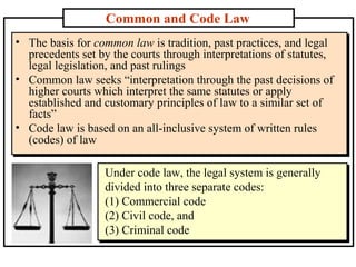 Common and Code Law
• The basis for common law is tradition, past practices, and legal
precedents set by the courts through interpretations of statutes,
legal legislation, and past rulings
• Common law seeks “interpretation through the past decisions of
higher courts which interpret the same statutes or apply
established and customary principles of law to a similar set of
facts”
• Code law is based on an all-inclusive system of written rules
(codes) of law
Under code law, the legal system is generally
Under code law, the legal system is generally
divided into three separate codes:
divided into three separate codes:
(1) Commercial code
(1) Commercial code
(2) Civil code, and
(2) Civil code, and
(3) Criminal code
(3) Criminal code

 