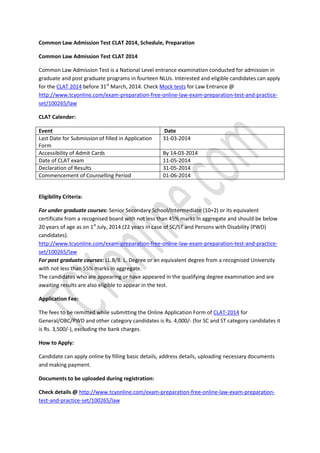 Common Law Admission Test Clat 2014 Notification Pdf Common Law Admission Test Clat 2014 Notification Pdf