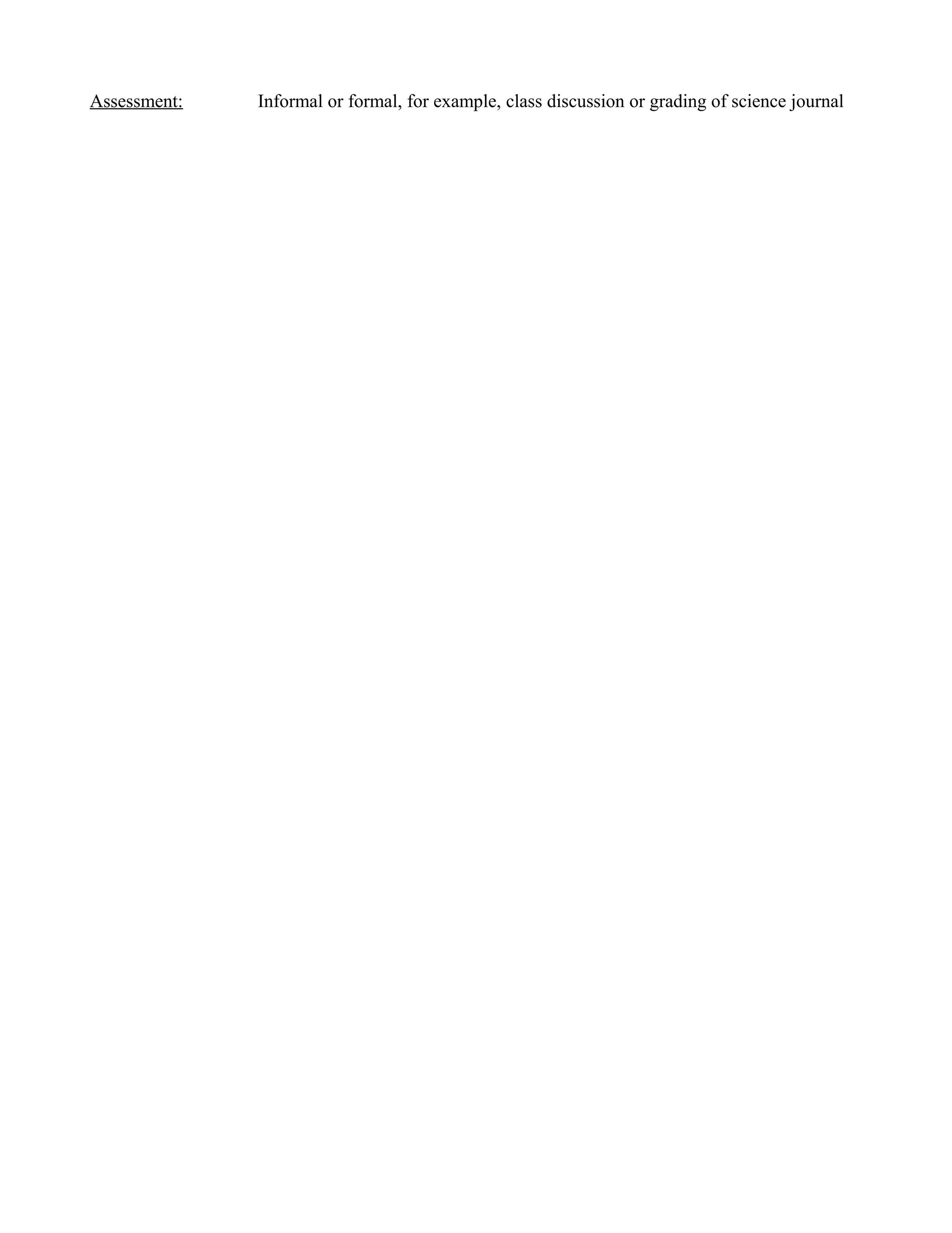 Assessment:

Informal or formal, for example, class discussion or grading of science journal

 