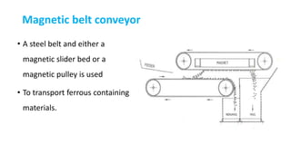 Magnetic belt conveyor
• A steel belt and either a
magnetic slider bed or a
magnetic pulley is used
• To transport ferrous containing
materials.
 