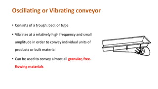 Oscillating or Vibrating conveyor
• Consists of a trough, bed, or tube
• Vibrates at a relatively high frequency and small
amplitude in order to convey individual units of
products or bulk material
• Can be used to convey almost all granular, free-
flowing materials
 