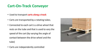 Cart-On-Track Conveyor
• Used to transport carts along a track
• Carts are transported by a rotating tubes.
• Connected to each cart is a drive wheel that
rests on the tube and that is used to vary the
speed of the cart (by varying the angle of
contact between the drive wheel and the
tube)
• Carts are independently controlled
 