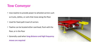 Tow Conveyor
• Uses towline to provide power to wheeled carriers such
as trucks, dollies, or carts that move along the floor
• Used for fixed-path travel of carriers
• Towline can be located either overhead, flush with the
floor, or in the floor
• Generally used when long distance and high frequency
moves are required
 