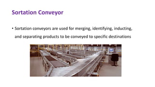Sortation Conveyor
• Sortation conveyors are used for merging, identifying, inducting,
and separating products to be conveyed to specific destinations
 