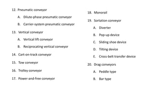 12. Pneumatic conveyor
A. Dilute-phase pneumatic conveyor
B. Carrier-system pneumatic conveyor
13. Vertical conveyor
A. Vertical lift conveyor
B. Reciprocating vertical conveyor
14. Cart-on-track conveyor
15. Tow conveyor
16. Trolley conveyor
17. Power-and-free conveyor
18. Monorail
19. Sortation conveyor
A. Diverter
B. Pop-up device
C. Sliding shoe device
D. Tilting device
E. Cross-belt transfer device
20. Drag conveyors
A. Peddle type
B. Bar type
 