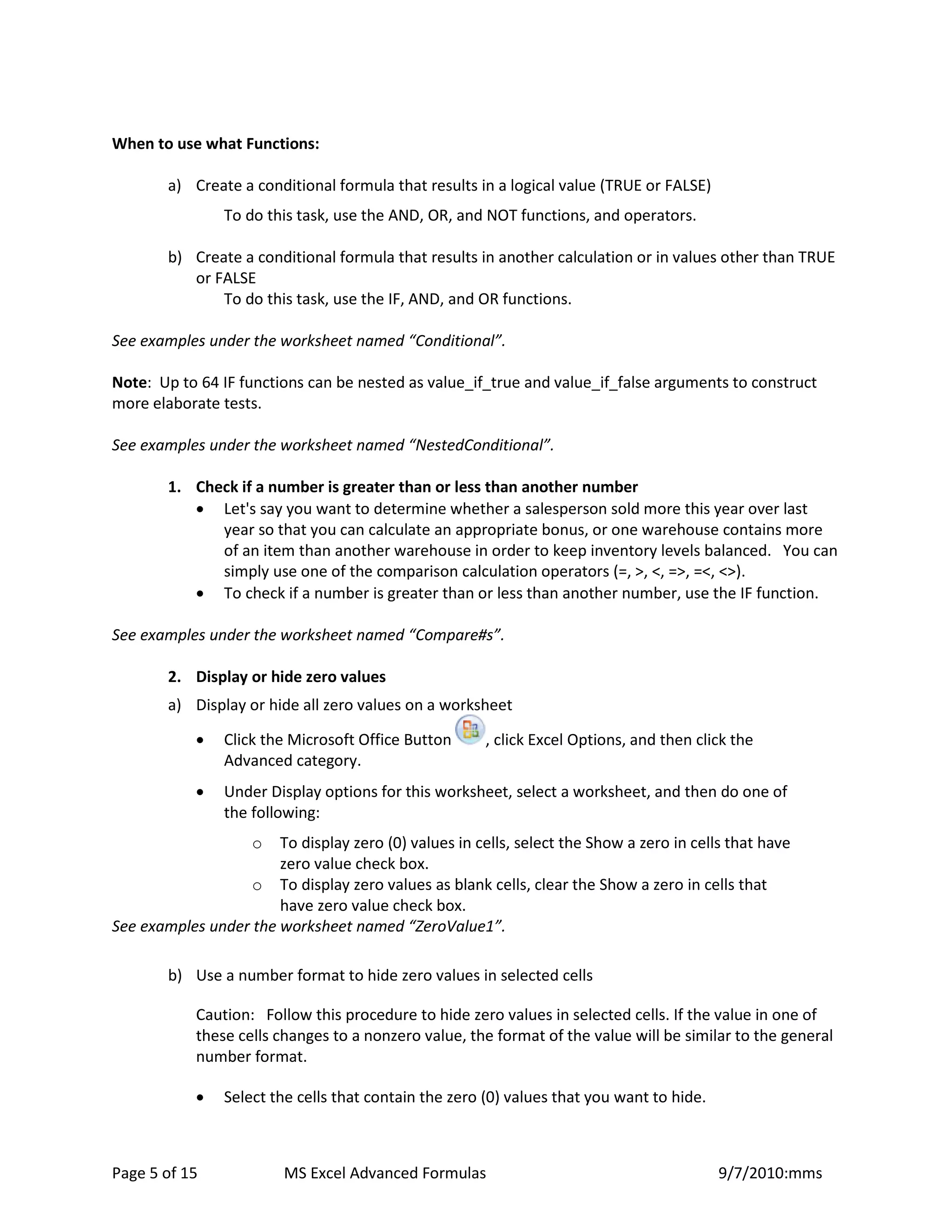 Commonly Used Excel Formulas