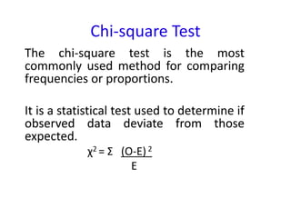 Chi-square Test
The chi-square test is the most
commonly used method for comparing
frequencies or proportions.
It is a statistical test used to determine if
observed data deviate from those
expected.
χ2 = Σ (O-E)2
E
 