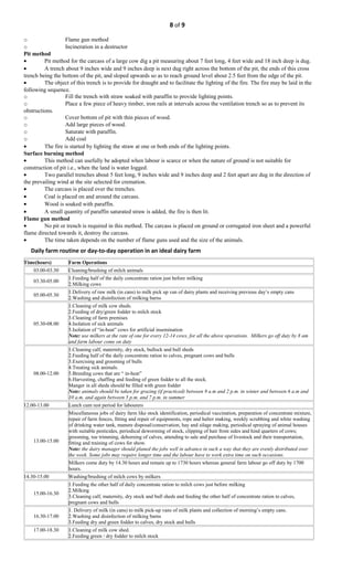 8 of 9
o Flame gun method
o Incineration in a destructor
Pit method
• Pit method for the carcass of a large cow dig a pit measuring about 7 feet long, 4 feet wide and 18 inch deep is dug.
• A trench about 9 inches wide and 9 inches deep is next dug right across the bottom of the pit, the ends of this cross
trench being the bottom of the pit, and sloped upwards so as to reach ground level about 2.5 feet from the edge of the pit.
• The object of this trench is to provide for draught and to facilitate the lighting of the fire. The fire may be laid in the
following sequence.
o Fill the trench with straw soaked with paraffin to provide lighting points.
o Place a few piece of heavy timber, iron rails at intervals across the ventilation trench so as to prevent its
obstructions.
o Cover bottom of pit with thin pieces of wood.
o Add large pieces of wood.
o Saturate with paraffin.
o Add coal
• The fire is started by lighting the straw at one or both ends of the lighting points.
Surface burning method
• This method can usefully be adopted when labour is scarce or when the nature of ground is not suitable for
construction of pit i.e., when the land is water logged.
• Two parallel trenches about 5 feet long, 9 inches wide and 9 inches deep and 2 feet apart are dug in the direction of
the prevailing wind at the site selected for cremation.
• The carcass is placed over the trenches.
• Coal is placed on and around the carcass.
• Wood is soaked with paraffin.
• A small quantity of paraffin saturated straw is added, the fire is then lit.
Flame gun method
• No pit or trench is required in this method. The carcass is placed on ground or corrugated iron sheet and a powerful
flame directed towards it, destroy the carcass.
• The time taken depends on the number of flame guns used and the size of the animals.
Daily farm routine or day-to-day operation in an ideal dairy farm
Time(hours) Farm Operations
03.00-03.30 Cleaning/brushing of milch animals
03.30-05.00
1.Feeding half of the daily concentrate ration just before milking
2.Milking cows
05.00-05.30
1.Delivery of raw milk (in cans) to milk pick up van of dairy plants and receiving previous day’s empty cans
2.Washing and disinfection of milking barns
05.30-08.00
1.Cleaning of milk cow sheds.
2.Feeding of dry/green fodder to milch stock
3.Cleaning of farm premises
4.Isolation of sick animals
5.Isolation of “in-heat” cows for artificial insemination
Note: use milkers at the rate of one for every 12-14 cows, for all the above operations. Milkers go off duty by 8 am
and farm labour come on duty
08.00-12.00
1.Cleaning calf, maternity, dry stock, bullock and bull sheds
2.Feeding half of the daily concentrate ration to calves, pregnant cows and bulls
3.Exercising and grooming of bulls
4.Treating sick animals.
5.Breeding cows that are “ in-heat”
6.Harvesting, chaffing and feeding of green fodder to all the stock.
Manger in all sheds should be filled with green fodder
Note: animals should be taken for grazing (if practiced) between 9 a.m and 2 p.m. in winter and between 6 a.m and
10 a.m. and again between 5 p.m. and 7 p.m. in summer
12.00-13.00 Lunch cum rest period for labourers
13.00-15.00
Miscellaneous jobs of dairy farm like stock identification, periodical vaccination, preparation of concentrate mixture,
repair of farm fences, fitting and repair of equipments, rope and halter making, weekly scrubbing and white washing
of drinking water tank, manure disposal/conservation, hay and silage making, periodical spraying of animal houses
with suitable pesticides, periodical deworming of stock, clipping of hair from sides and hind quarters of cows;
grooming, toe trimming, dehorning of calves, attending to sale and purchase of livestock and their transportation,
fitting and training of cows for show.
Note: the dairy manager should planed the jobs well in advance in such a way that they are evenly distributed over
the week. Some jobs may require longer time and the labour have to work extra time on such occasions.
Milkers come duty by 14.30 hours and remain up to 1730 hours whereas general farm labour go off duty by 1700
hours.
14.30-15.00 Washing/brushing of milch cows by milkers
15.00-16.30
1.Feeding the other half of daily concentrate ration to milch cows just before milking
2.Milking
3.Cleaning calf, maternity, dry stock and bull sheds and feeding the other half of concentrate ration to calves,
pregnant cows and bulls
16.30-17.00
1. Delivery of milk (in cans) to milk pick-up vans of milk plants and collection of morning’s empty cans.
2.Washing and disinfection of milking barns
3.Feeding dry and green fodder to calves, dry stock and bulls
17.00-18.30 1.Cleaning of milk cow shed.
2.Feeding green / dry fodder to milch stock
 