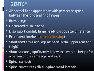 SIMTOM
 Abnormal hand appearance with persistent space
between the long and ring fingers
 Bowed legs
 Decreased muscle tone
 Disproportionately large head-to-body size difference
 Prominent forehead (frontal bossing)
 Shortened arms and legs (especially the upper arm and
thigh)
 Short stature (significantly below the average height for
a person of the same age and sex)
 Spinal stenosis
 Spine curvatures called kyphosis and lordosis
 