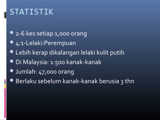 STATISTIK
2-6 kes setiap 1,000 orang
4:1-Lelaki:Perempuan
Lebih kerap dikalangan lelaki kulit putih
Di Malaysia: 1:500 kanak-kanak
Jumlah: 47,000 orang
Berlaku sebelum kanak-kanak berusia 3 thn
 