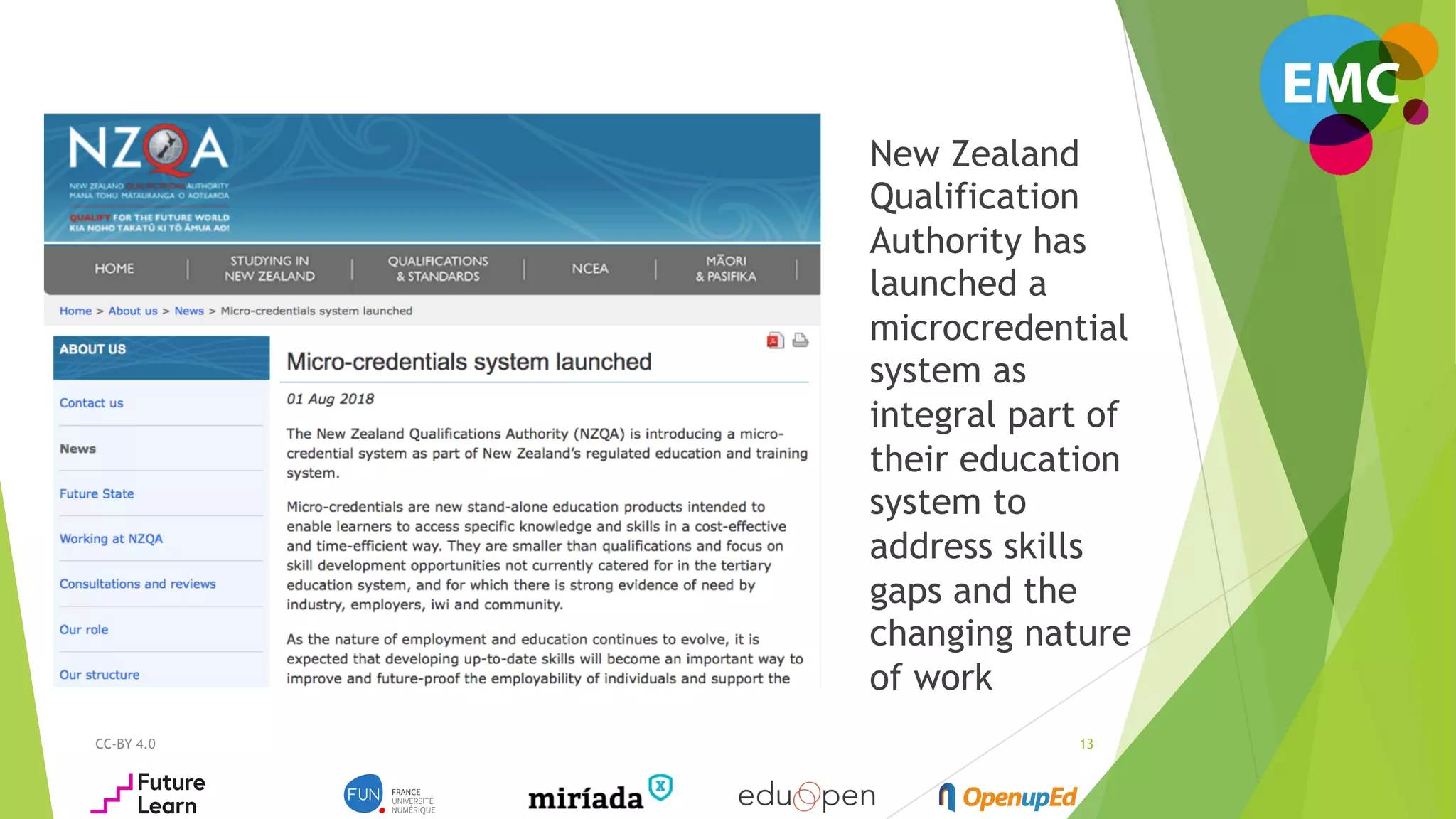 CC-BY 4.0 13
New Zealand
Qualification
Authority has
launched a
microcredential
system as
integral part of
their education
system to
address skills
gaps and the
changing nature
of work
 