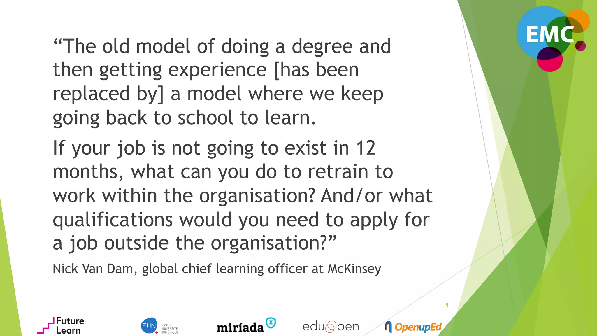 “The old model of doing a degree and
then getting experience [has been
replaced by] a model where we keep
going back to school to learn.
If your job is not going to exist in 12
months, what can you do to retrain to
work within the organisation? And/or what
qualifications would you need to apply for
a job outside the organisation?”
Nick Van Dam, global chief learning officer at McKinsey
5
 
