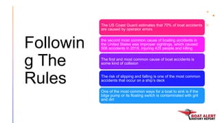 Followin
g The
Rules
The US Coast Guard estimates that 70% of boat accidents
are caused by operator errors
the second most...
