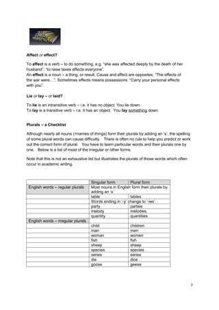 Affect or effect?

To affect is a verb – to do something, e.g. “she was affected deeply by the death of her
husband”; “to raise taxes affects everyone”.
An effect is a noun – a thing, or result. Cause and effect are opposites. “The effects of
the war were…”. Sometimes effects means possessions: “Carry your personal effects
with you”.

Lie or lay – or laid?

To lie is an intransitive verb – i.e. it has no object. You lie down.
To lay is a transitive verb – i.e. it has an object. You lay something down.


Plurals – a Checklist

Although nearly all nouns (=names of things) form their plurals by adding an ‘s’, the spelling
of some plural words can cause difficulty. There is often no rule to help you predict or work
out the correct form of plural. You have to learn particular words and their plurals one by
one. Below is a list of most of the irregular or other forms.

Note that this is not an exhaustive list but illustrates the plurals of those words which often
occur in academic writing.



                                      Singular form         Plural form
 English words – regular plurals      Most nouns in English form their plurals by
                                      adding an ‘s’
                                      table                 tables
                                      Words ending in ‘-y’ change to ‘-ies’
                                      party                 parties
                                      melody                melodies
                                      quantity              quantities
 English words – irregular plurals
                                      child                  children
                                      man                    men
                                      woman                  women
                                      fish                   fish
                                      sheep                  sheep
                                      species                species
                                      series                 series
                                      die                    dice
                                      goose                  geese




                                                                                                  7
 