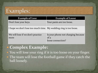Example of Lose Example of Loose
Don’t lose your keys. Your pants are too loose.
I hope we don’t lose too much time. My wedding ring is too loose.
We will lose if we don’t practice
more
Is your phone not charging because
of a
loose connection?
 Complex Example:
 You will lose your ring if it is too loose on your finger.
 The team will lose the football game if they catch the
ball loosely.
 