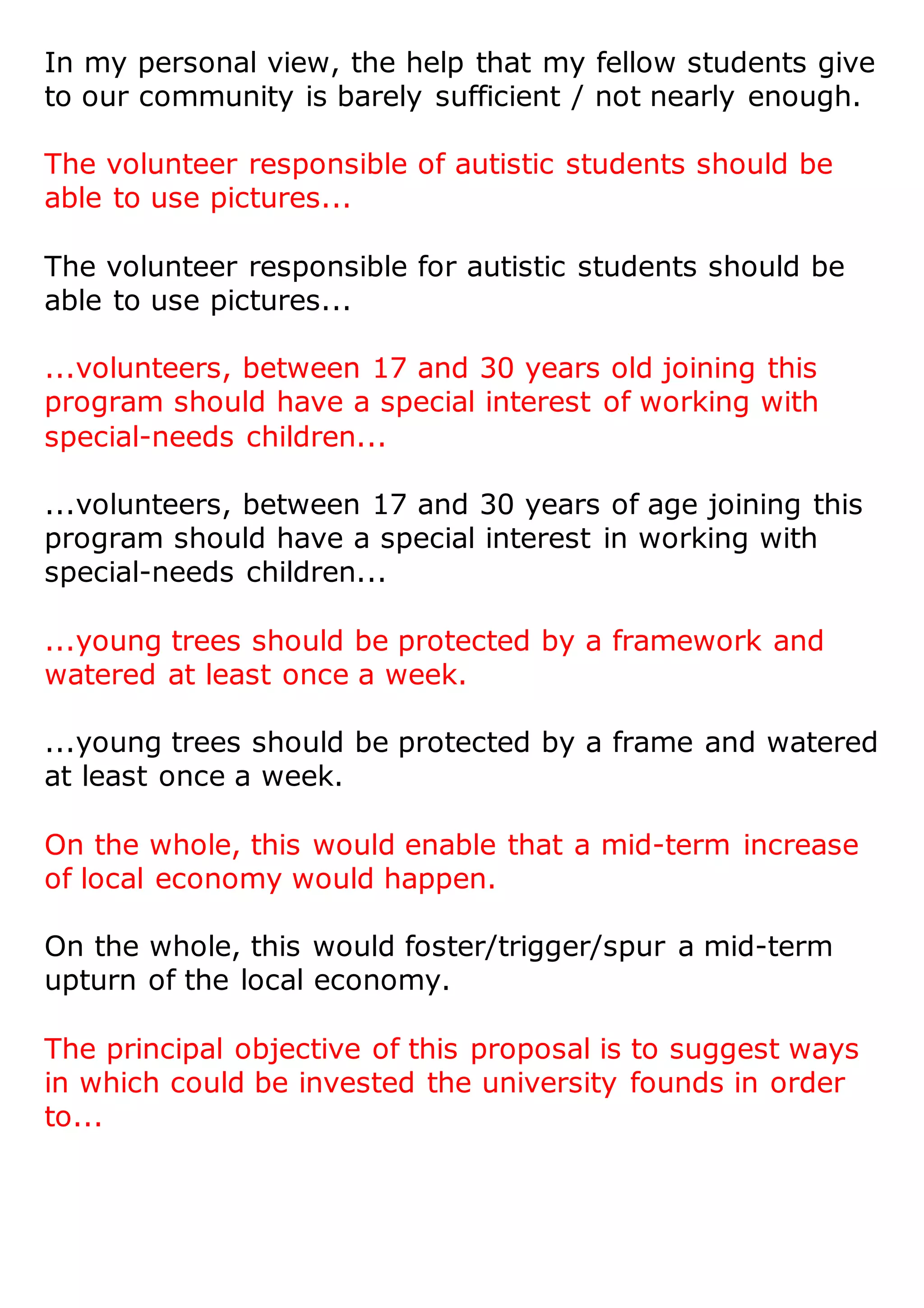 In my personal view, the help that my fellow students give
to our community is barely sufficient / not nearly enough.
The volunteer responsible of autistic students should be
able to use pictures...
The volunteer responsible for autistic students should be
able to use pictures...
...volunteers, between 17 and 30 years old joining this
program should have a special interest of working with
special-needs children...
...volunteers, between 17 and 30 years of age joining this
program should have a special interest in working with
special-needs children...
...young trees should be protected by a framework and
watered at least once a week.
...young trees should be protected by a frame and watered
at least once a week.
On the whole, this would enable that a mid-term increase
of local economy would happen.
On the whole, this would foster/trigger/spur a mid-term
upturn of the local economy.
The principal objective of this proposal is to suggest ways
in which could be invested the university founds in order
to...
 