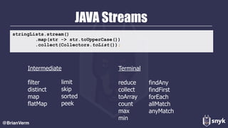 JAVA Streams
@BrianVerm
stringLists.stream() 
.map(str -> str.toUpperCase()) 
.collect(Collectors.toList());
Intermediate
filter  
distinct 
map  
flatMap 
Terminal
reduce 
collect 
toArray 
count 
max 
min 
limit  
skip 
sorted 
peek
findAny 
findFirst 
forEach 
allMatch 
anyMatch
 