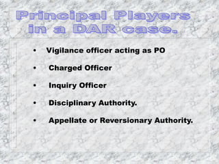 • Vigilance officer acting as PO
• Charged Officer
• Inquiry Officer
• Disciplinary Authority.
• Appellate or Reversionary Authority.
 
