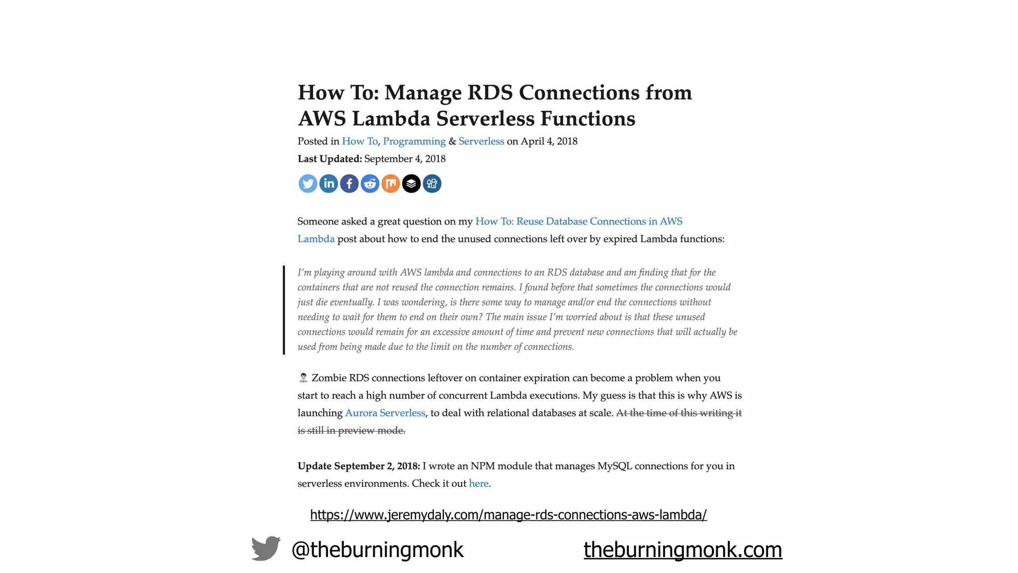@theburningmonk theburningmonk.com
https://www.jeremydaly.com/manage-rds-connections-aws-lambda/
 