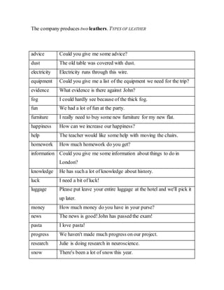 The company produces two leathers. TYPES OF LEATHER
advice Could you give me some advice?
dust The old table was covered with dust.
electricity Electricity runs through this wire.
equipment Could you give me a list of the equipment we need for the trip?
evidence What evidence is there against John?
fog I could hardly see because of the thick fog.
fun We had a lot of fun at the party.
furniture I really need to buy some new furniture for my new flat.
happiness How can we increase our happiness?
help The teacher would like some help with moving the chairs.
homework How much homework do you get?
information Could you give me some information about things to do in
London?
knowledge He has such a lot of knowledge about history.
luck I need a bit of luck!
luggage Please put leave your entire luggage at the hotel and we'll pick it
up later.
money How much money do you have in your purse?
news The news is good!John has passed the exam!
pasta I love pasta!
progress We haven't made much progress on our project.
research Julie is doing research in neuroscience.
snow There's been a lot of snow this year.
 