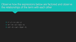 Observe how the expressions below are factored and observe
the relationships of the term with each other
 x2 – y2 = (x + y)(x – y)
 4x2 – 36 = (2x + 6)(2x – 6)
 a2b4 – 81 = (ab2 + 9)(ab2 – 9)
 