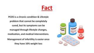 Fact
PCOS is a chronic condition & Lifestyle
problem that cannot be completely
cured, but its symptoms can be
managed through lifestyle changes,
medication, and medical interventions.
Management of infertility is easier once
they have 10% weight loss
 