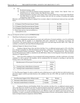 PART I—SEC. 1] THE GAZETTE OF INDIA, AUGUST 8, 2015 (SRAVANA 17, 1937) 805
(i) For :
a) Residential trainings, and/or
b) in respect of all skill development training programmes where trainees from Special Areas (as
defined herein) are trained outside these Special Areas, and/or
c) training programmes anywhere in the country where women trainees have to travel more than 80 kms
from their homes to reach the nearest training centre and who are availing of boarding and lodging
arrangements made for them.
Ministries will reimburse Boarding & Lodging Costs at actuals, subject to maximum per trainee per day as per table
below:
i. X Category Cities/Town per day per Trainee Rs.300/-
ii. Y Category Cities/Town per day per Trainee Rs.250/-
iii. Z Category Cities/Towns per day per Trainee Rs.200/-
iv. Rural Areas and any Area not notified as a
municipal/town area
Rs.175/-
(The List of categories of cities is given at SCHEDULE-III)
4. Third Party Certification & Assessment Costs
4.1 To ensure independent and unbiased assessment and certification of trained candidates, costs for certification
and assessment shall be payable to an independent third party authorized for conducting assessments and
certifications. This amount shall be over and above the Base Cost, and shall range from Rs. 600/- to Rs. 1500/- per
candidate as decided by individual Ministries/Departments.
5. Additional Support for Special Areas/ Groups
5.1 Training in Special Areas: Over and above the Base Cost, an additional amount equal to 10% of the Base
Cost should be permitted for Skill Development programmes conducted in the North Eastern States, Jammu &
Kashmir, Himachal Pradesh, Uttarakhand, Andaman & Nicobar Islands, Lakshadweep and districts affected
by Left Wing Extremism (LWE) as identified by the M/O Home Affairs for the Integrated Action Plan (hereinafter
referred to as “Special Areas”).
5.2 Upon successful completion of non-residential skill training programmes, and after certification, all women
candidates as well as persons with disability will be reimbursed the cost incurred in travelling to and from the
training centre at the following rates:
Reimbursement of Conveyance Costs per month Amount
(in Rs.)
1) Training Centre within District of domicile 1000/-
2) Training Centre outside District of domicile 1500/-
5.3. Post Placement Support: In order to enable the newly skilled persons to settle into their new jobs/vocations, post
placement support would be provided directly to the candidate at the rate of Rs 1500/- per month for the following
durations:
Post Placement Support @ Rs 1500 per month Men Women
1) Placement within District of domicile 1 month 2 months
2) Placement outside District of domicile 2 months 3 months
5.4 Training for Persons with Disability (PwD): Over and above the Base Cost, an additional amount equal to
10% of the Base Cost should be provided for skill development programmes imparted to Persons with Disability
(PwD). Provided that in the case of training of PwD in the Special Areas, the total cost permissible will be 120% of
the Base Cost.At least 3% of total training done by every Ministry in each year shall be reserved for persons with
disabilities, in trades as decided by the Department of Empowerment of Persons with Disabilities, Ministry of Social
Justice & Empowerment in conjunction with the NSDA.
 