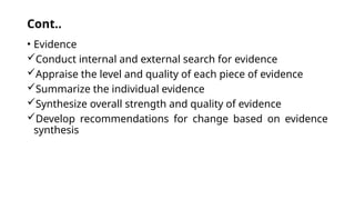 Cont..
• Evidence
Conduct internal and external search for evidence
Appraise the level and quality of each piece of evidence
Summarize the individual evidence
Synthesize overall strength and quality of evidence
Develop recommendations for change based on evidence
synthesis
 
