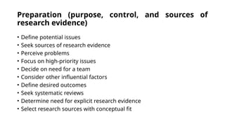 Preparation (purpose, control, and sources of
research evidence)
• Define potential issues
• Seek sources of research evidence
• Perceive problems
• Focus on high-priority issues
• Decide on need for a team
• Consider other influential factors
• Define desired outcomes
• Seek systematic reviews
• Determine need for explicit research evidence
• Select research sources with conceptual fit
 