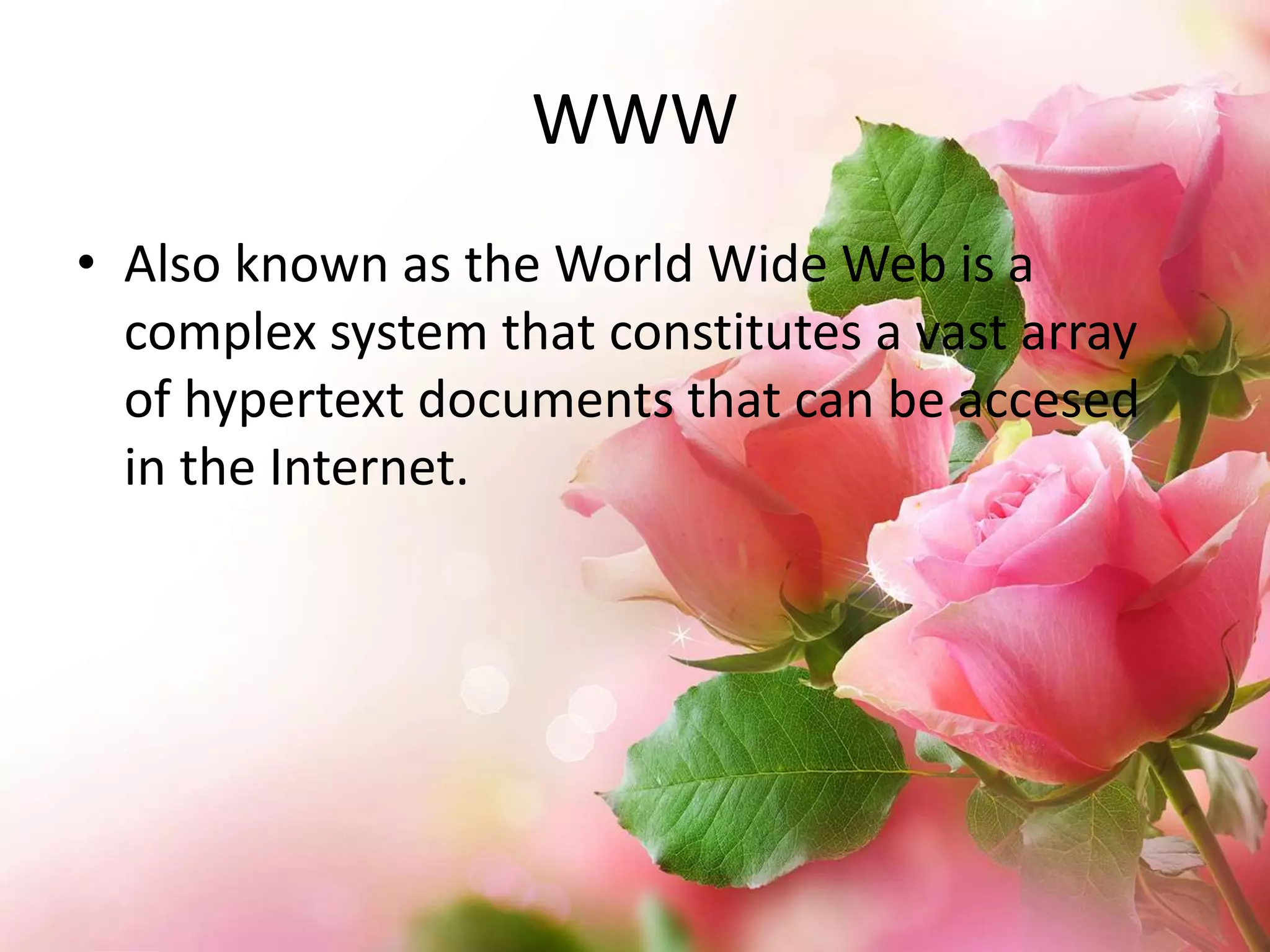 WWW
• Also known as the World Wide Web is a
complex system that constitutes a vast array
of hypertext documents that can be accesed
in the Internet.

 